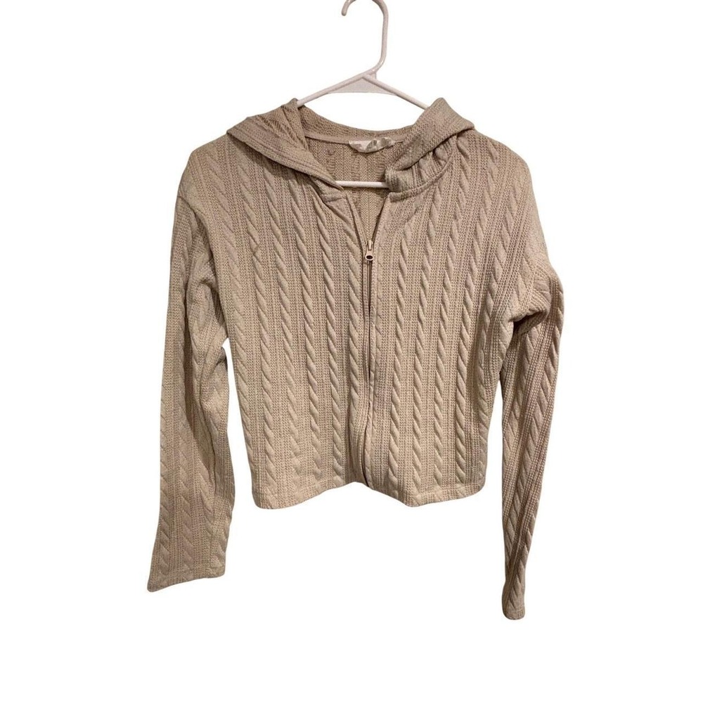Olive & Oak Beige Cable Knit Zip Up Hoodie Sweater Crop Top Tan Size M